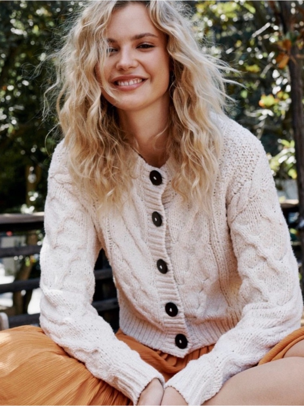 Free People Cream Cable Knit Button-Up Cardigan